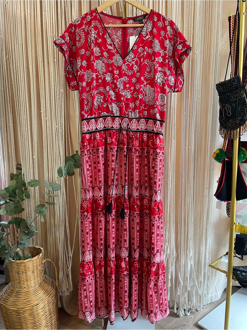 Ralph Lauren Red Floral Paisley Cotton-Satin Tiered Maxi Dress short sleeve - Picture 5 of 9